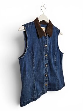 Talbots Denim Vest S Country Western Suede Collar Button Front Blue Vintage